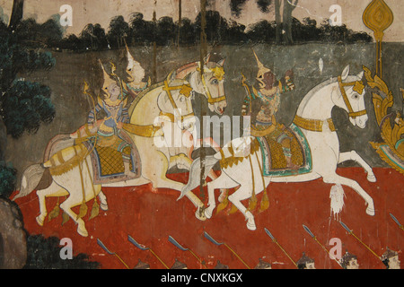 Ramayana. Wall painting with the scenes of the Hindu epic in the Royal Palace in Phnom Penh, Cambodia. Stock Photo