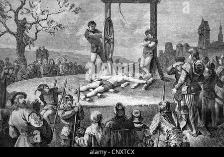 Death penalty by means of the wheel, historical illustration, wood engraving, circa 1888 Stock Photo