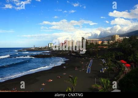 black lava sand at Playa Jardin, Canary Islands, Tenerife, Punta Brava, Puerto De La Cruz Stock Photo