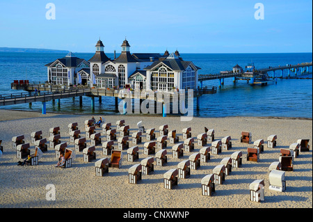 spa hotel on stilts at the beach with beach chairs, Germany, Mecklenburg-Western Pomerania, Sellin Stock Photo