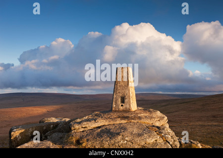 Trig Point on Yes Tor, the highest trig point in the South of Britain, Dartmoor, Devon, England. Spring (April) 2012. Stock Photo