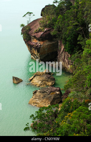 view at the sea down a steep rock coast from out of a tropical rainforest, Malaysia, Sarawak, Bako National Park, Borneo Stock Photo