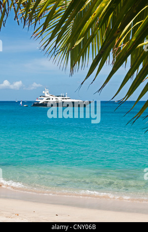 wuew from a palm beach at a yacht in the Lower Bay, Saint Vincent and the Grenadines, Bequia Stock Photo
