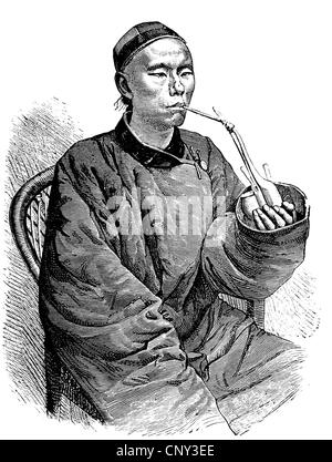 Smoking Chinese businessman in Tien Tsin, historical illustration, wood engraving, circa 1888 Stock Photo