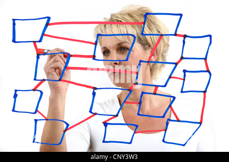 Woman is drawing a mind map. Organize scheme, organization structure. Stock Photo