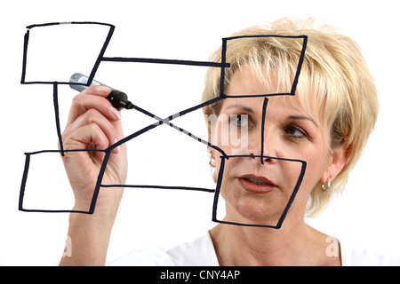 Woman is drawing a mind map. Organize scheme, organization structure. Stock Photo