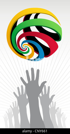 Hands silhouettes trying to reach a colorfull Olympic globe over white background. Vector file layered for easy manipulation and customisation. Stock Photo