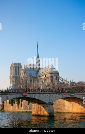 Notre Dame de Paris and The Archbishop's Bridge over the Seine Stock Photo