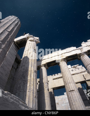 Greece, Athens, Pillars of the Temple of the Parthenon, at Acropolis at night Stock Photo