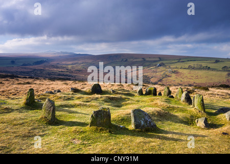 Nine Maidens stone circle, otherwise known as the Seventeen Brothers on Belstone Common in Northern Dartmoor Stock Photo