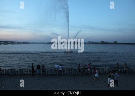Embankment of the Dnieper River in Dnipro (Dnipropetrovsk), Ukraine. The Petrovsky Metallurgic Plant is seen in the background. Stock Photo