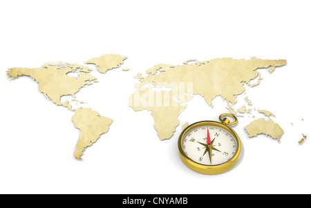 A World Map in 3D. Paper Shape, thin and Antique style. Brass Compass. Stock Photo