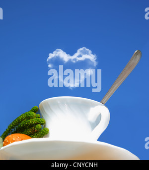 Morning beverage, tea or coffee over blue sky, conceptual image of coffee lovers Stock Photo