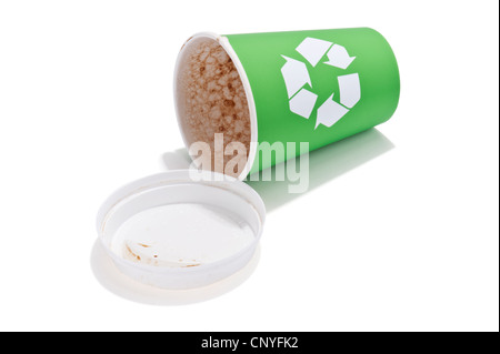 An empty takeaway drink cup with a recycling symbol, lying on its side Stock Photo