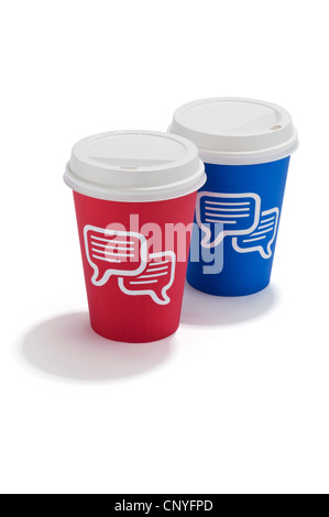 Two takeaway drink cups with speech bubbles on them Stock Photo