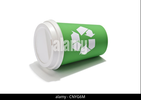 A takeaway drink cup with a recycling symbol, lying on its side Stock Photo