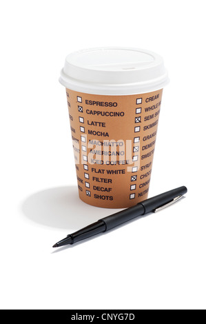 A takeaway drink cup with list of coffee options on it and a pen Stock Photo