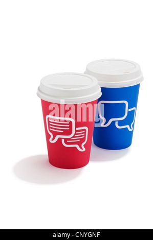 Two takeaway drink cups with speech bubbles on them Stock Photo