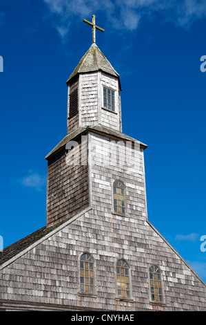 Wooden shingle tower Inglesia Santa Maria de Loreto Achao Isla Quinchao Chiloe Chile Stock Photo