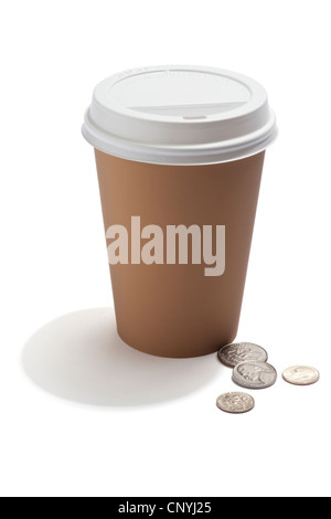 A takeaway drink cup with US coins by the side Stock Photo