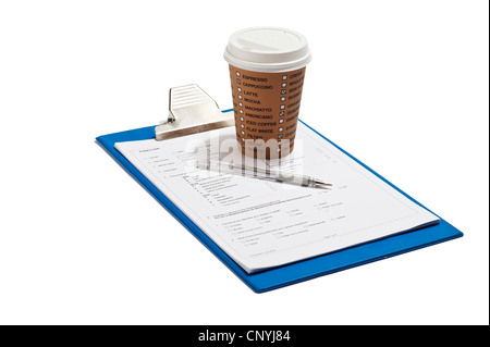 A clipboard and form with a takeaway drink cup and pen Stock Photo