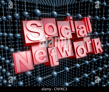 The word 'Social Network' in 3D letters in front of a network structure Stock Photo