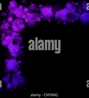 Abstract holiday border of glowing purple bokeh lights isolated on black background, beautiful shining stars and glitters Stock Photo