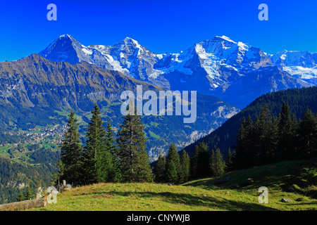 view from Sulwald (1594 m) over the Lauterbrunnental at the three mountains Ogre (Eiger, 3970 m), Monk (Moench, 4107 m) and Virgin (Jungfrau, 4158 m) dominating the Bernese Oberland, Switzerland, Bernese Oberland Stock Photo