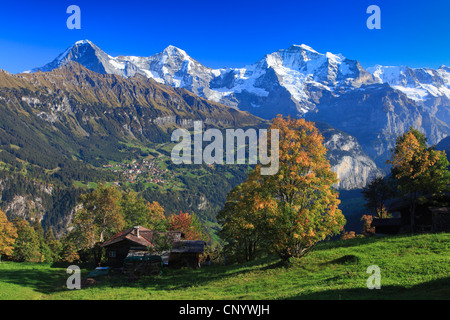 view from Sulwald (1594 m) over the Lauterbrunnental at the three mountains Ogre (Eiger, 3970 m), Monk (Moench, 4107 m) and Virgin (Jungfrau, 4158 m) dominating the Bernese Oberland, Switzerland, Bernese Oberland Stock Photo