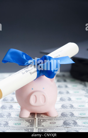 The diploma and piggy bank on the money Stock Photo