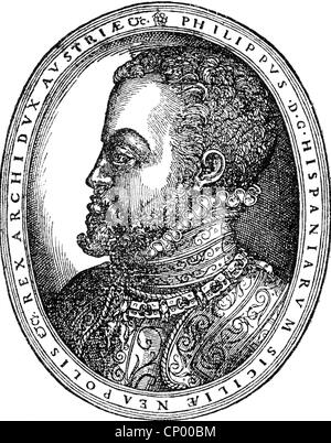 Philip II, 21.5.1527 - 13.9. 1598, King of Spain 16.1.1556 - 13.9.1598, portrait, copper engraving, 2nd half 16th century, Artist's Copyright has not to be cleared
