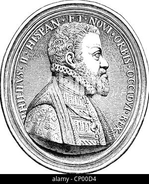 Philip II, 21.5.1527 - 13.9. 1598, King of Spain 16.1.1556 - 13.9.1598, portrait, medal, Netherlands, 1565, wood engraving, 19th century, ,