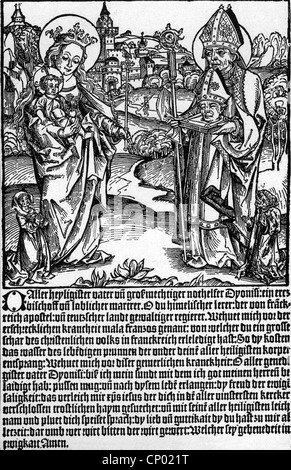 medicine, sexually transmitted diseases, syphilis, prayer of Saint Dionysius with woodcut of the patron and madonna, 16th century, historic, historical, venereal disease /VD/, genital disease, sexually transmitted diseases, venereal diseases, genital diseases, French disease, saints, Virgin Mary, Jesus Christ, people, Additional-Rights-Clearences-Not Available Stock Photo