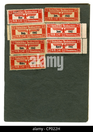 National Socialism / Nazism, propaganda, press / media, 'Voelkischer Beobachter', subscription stamps, 1942 / 1943, Additional-Rights-Clearences-Not Available Stock Photo