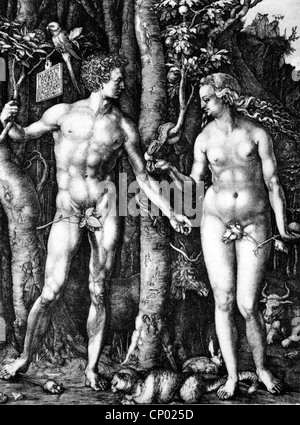 religion, biblical scene, Adam and Eve, the Fall of Man, copper engraving by Albrecht Duerer (1471 - 1528), 1504, Artist's Copyright has not to be cleared Stock Photo