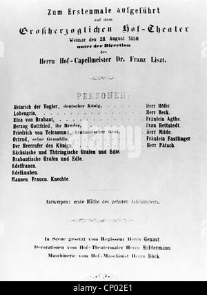 Wagner, Richard, 22.5.1813 - 13.2.1883, German composer, works, opera 'Lohengrin', playbill, premier, Weimar court theatre, 28.8.1850, conductor: Franz Liszt, , Stock Photo