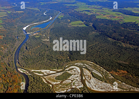isar river at Icking with weirm gravel banks and debris, Germany, Bavaria, Icking Stock Photo