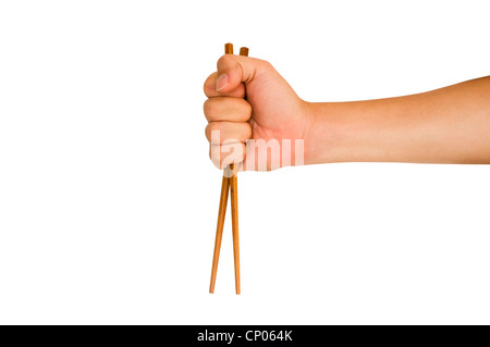 wrong way or frustrated of using chopsticks, isolated with clipping path Stock Photo