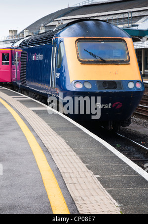 First Great Western train headed by a class 43 locomotive waiting at Bristol Temple Meads railway station, about to head east. Stock Photo