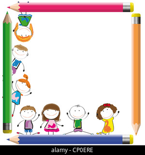 Frame with happy kids and colorful crayons Stock Photo