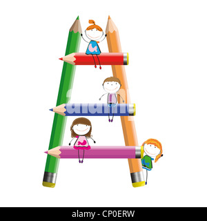 Happy kids and colorful ladder with crayons Stock Photo