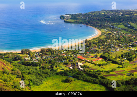 Helicopter view over Hanalei Bay and coastline. Kauai, Hawaii Stock Photo