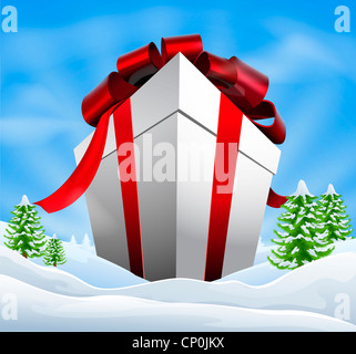 Illustration of a giant Christmas gift in idyllic Christmas snowy landscape Stock Photo