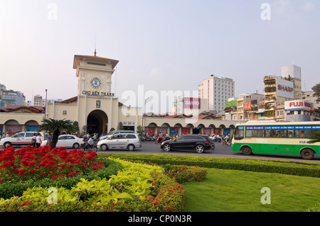 Horizontal wide angle view of Ben Thanh Market, Cho Bến Thành, a large indoor marketplace in downtown Ho Chi Minh City, aka HCMC. Stock Photo