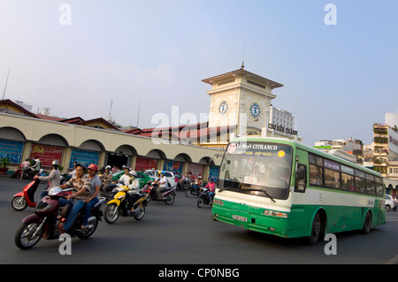 Horizontal wide angle view of Bến Thành Market, a large marketplace in downtown Ho Chi Minh City. Stock Photo