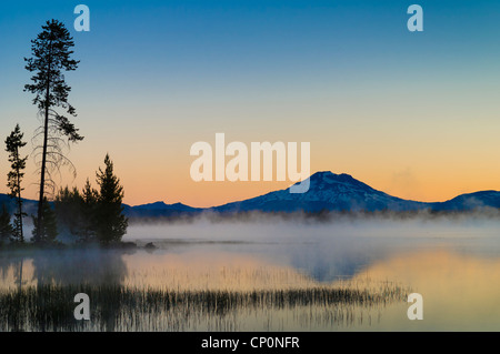 Crane Prairie Reservoir and Mount Bachelor at dawn, Deschutes National Forest, central Oregon. Stock Photo