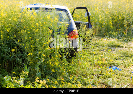 Car crash, rolled, flipped in field. Scene of accident. Someone was probably speeding! Stock Photo