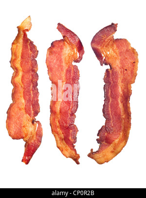 Three cooked, crispy fried bacon isolated on a white background. Good for many health and cooking inferences. Stock Photo