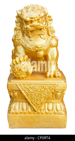 Golden Lion Statue, symbol of protection & power in Oriental Asia, isolated on white background Stock Photo