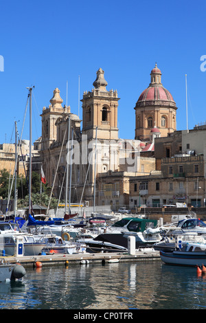 Boats marina and church Valletta Harbour, Malta, Southern Europe. Stock Photo